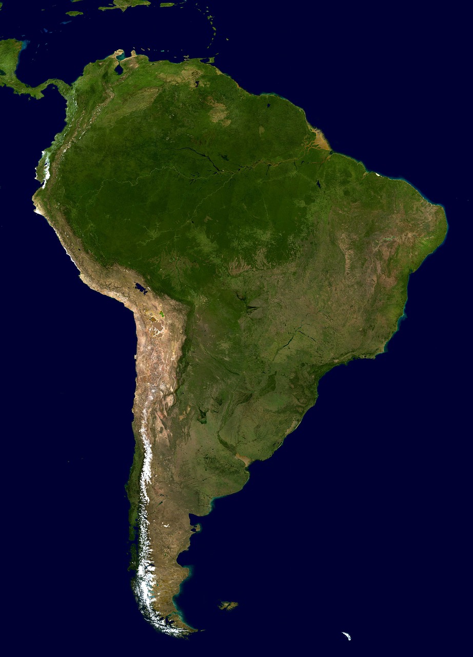 Satellite view of South America. The southern part of the continent has  regions where eucalyptus plantations support sustainable timber mat production and carbon sequestration.
